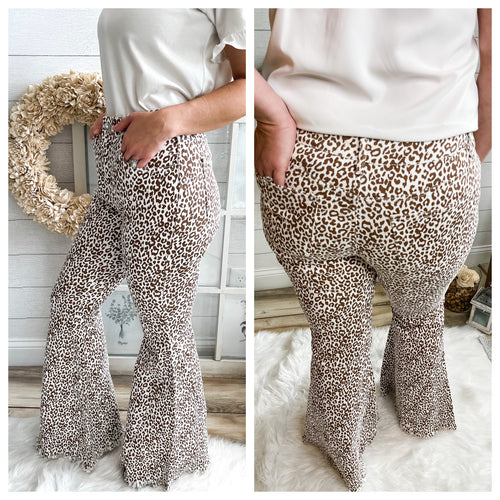 Leopard Print Raw Hem High Rise Flare Jeans